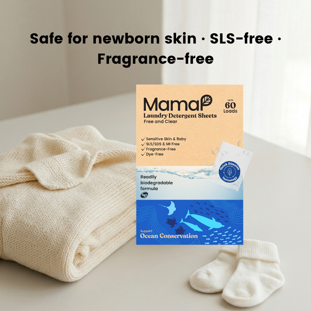 Family doing laundry with MamaP sheets — safe for newborns and sensitive skin