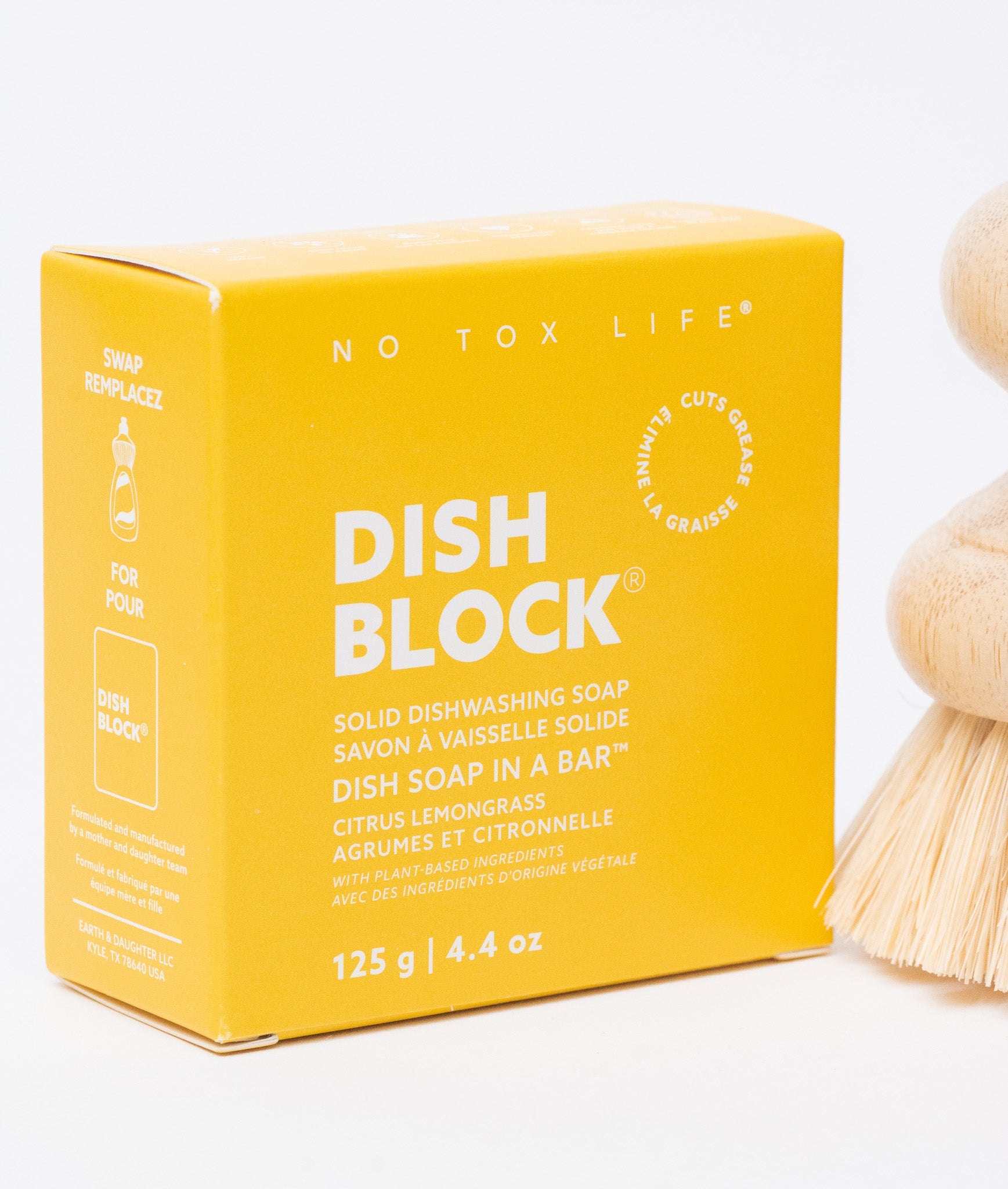 DISH BLOCK® solid dish soap - 4.4 oz (125g) bar - Citrus Lemongrass - No Tox Life® - MamaP bamboo toothbrush