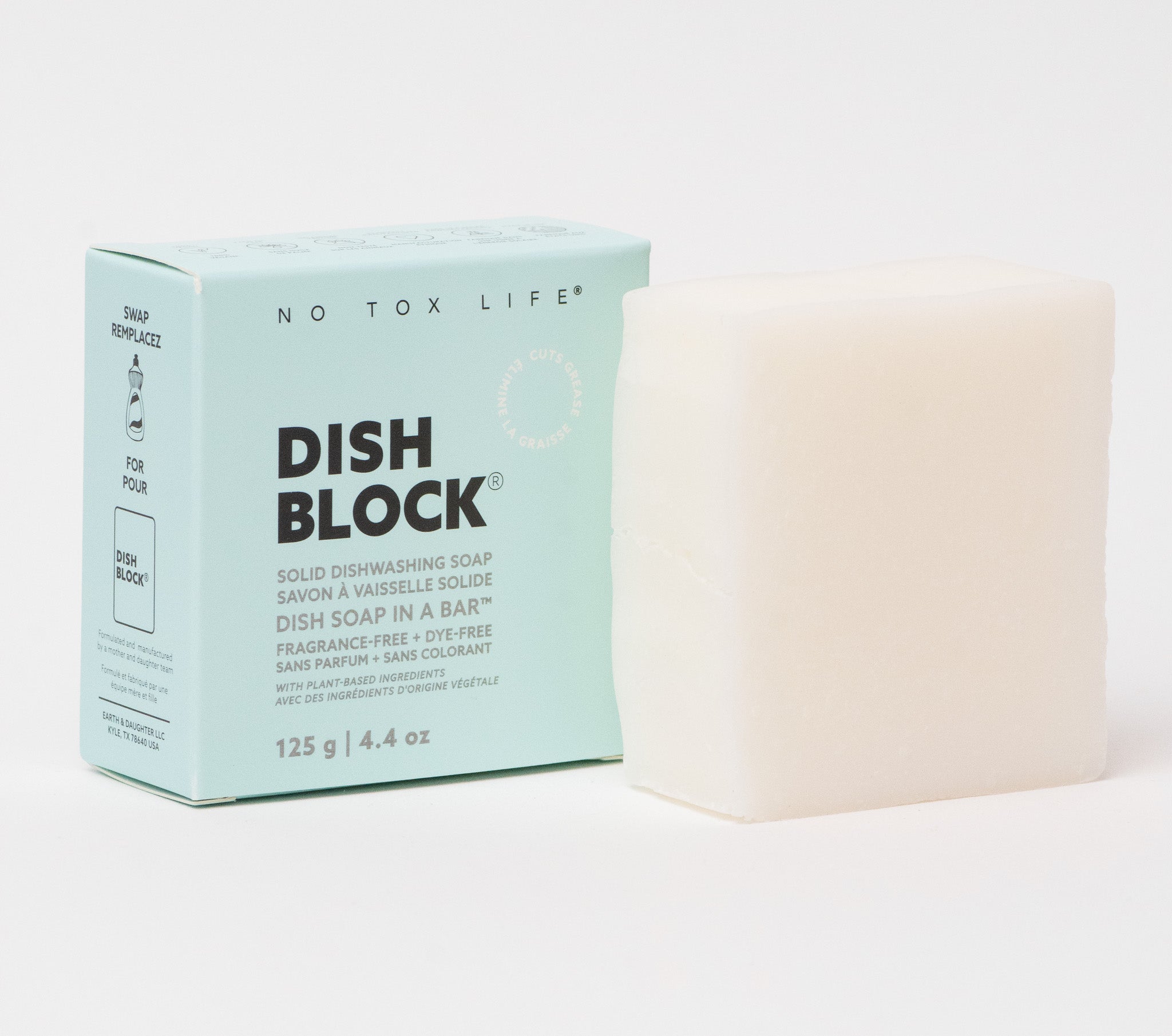 DISH BLOCK® solid dish soap - 4.4 oz (125g) bar - Fragrance Free - No Tox Life® - MamaP bamboo toothbrush