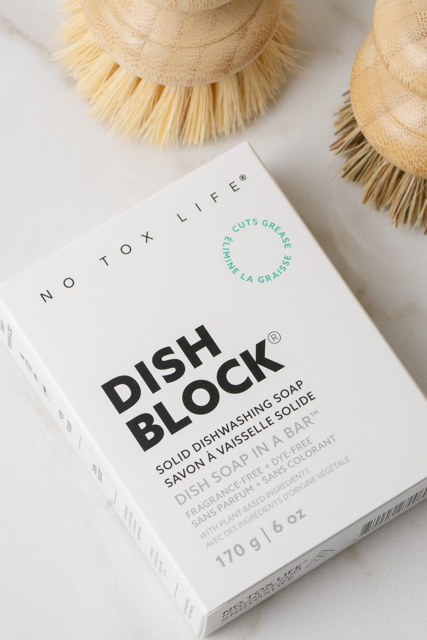DISH BLOCK® solid dish soap - 6 oz (170g) bar - No Tox Life® - MamaP bamboo toothbrush