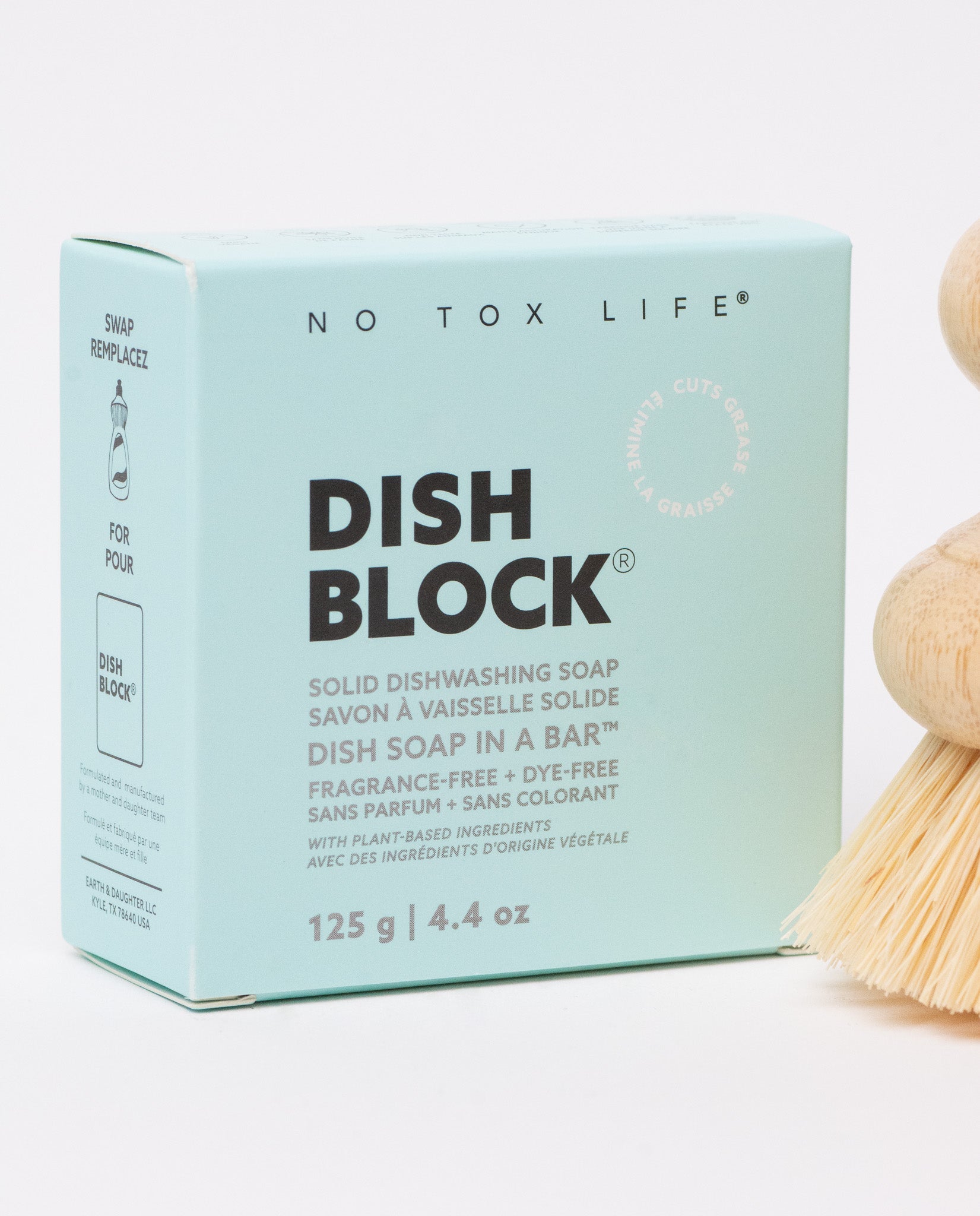 DISH BLOCK® solid dish soap - 4.4 oz (125g) bar - Fragrance Free - No Tox Life® - MamaP bamboo toothbrush