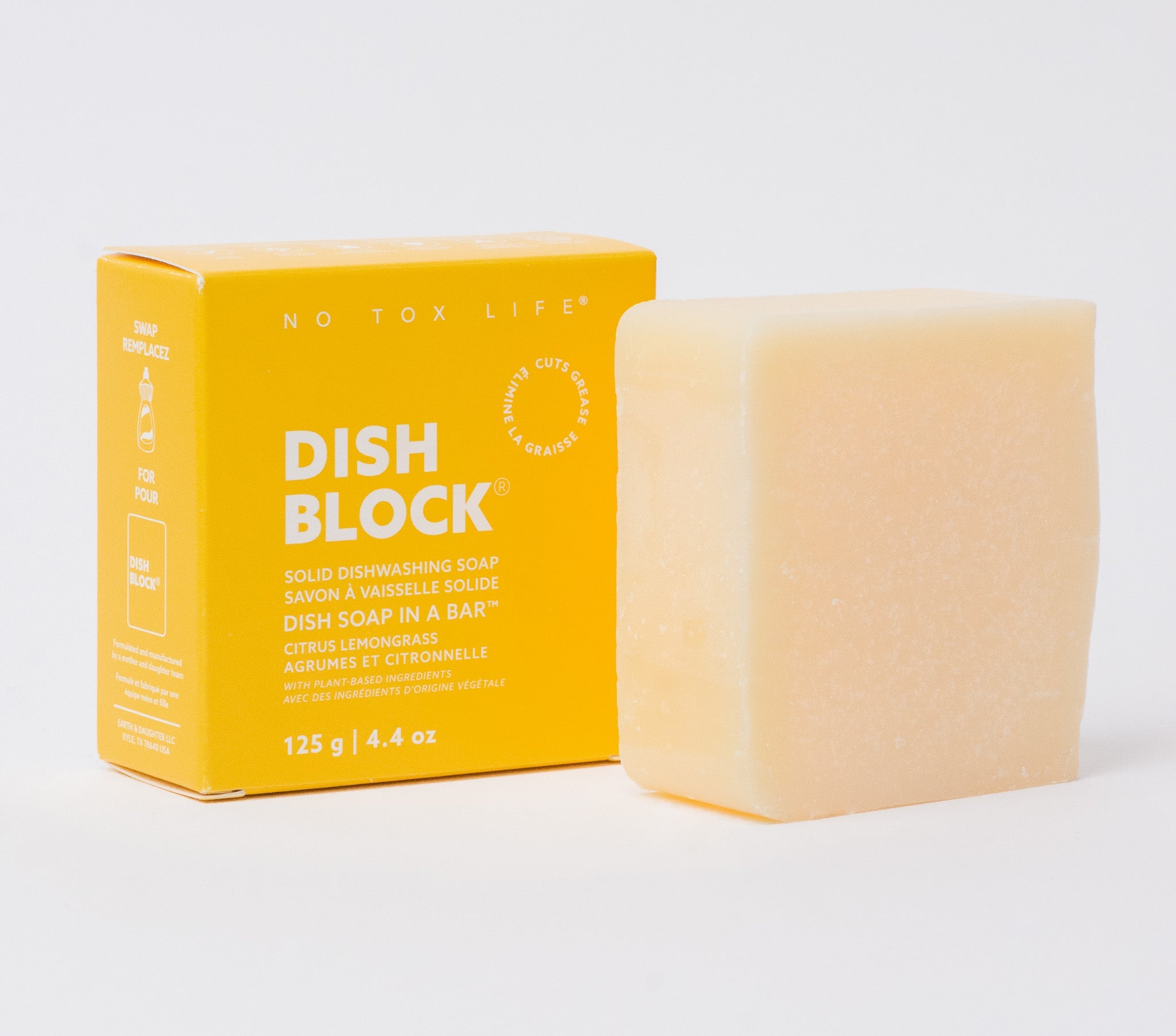 DISH BLOCK® solid dish soap - 4.4 oz (125g) bar - Citrus Lemongrass - No Tox Life® - MamaP bamboo toothbrush